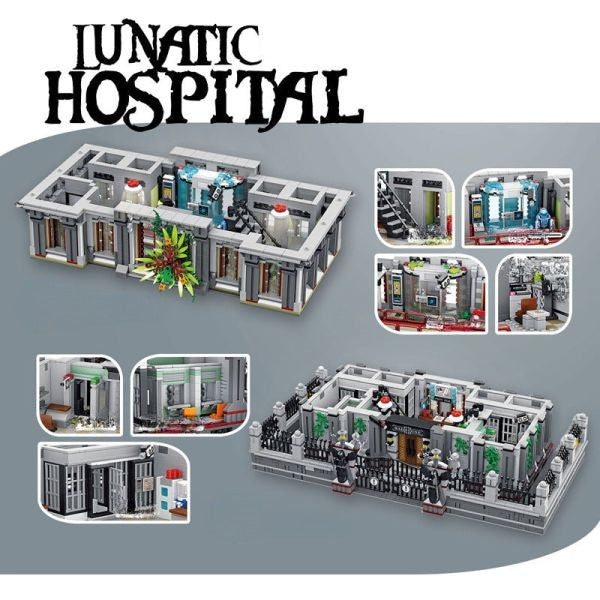 Creepy modular hospital building set featuring removable floors, barred windows, perimeter fencing, and security surveillance. Interior includes labs, cells, stairwells, and disturbing furnishings.