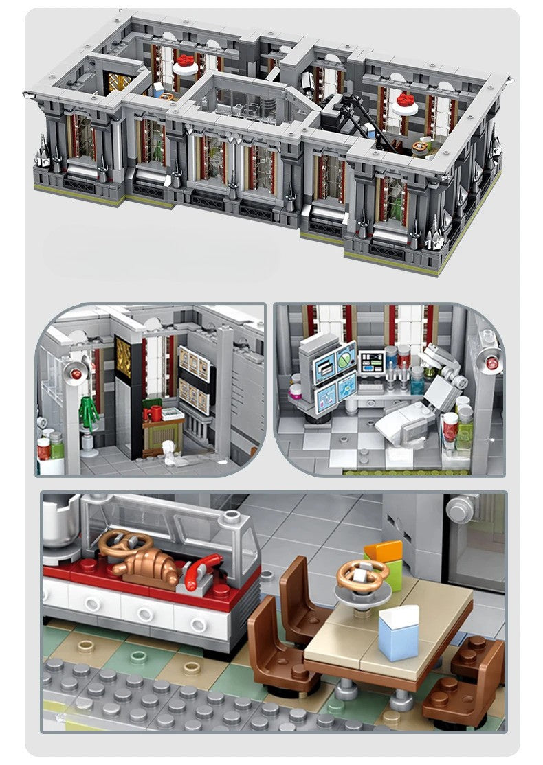 Interior rooms of brick-built creepy hospital with kitchen and play food, medical room with props and observation area with detailed interiors including a hallway, exam room, and dining area with unsettling details.
