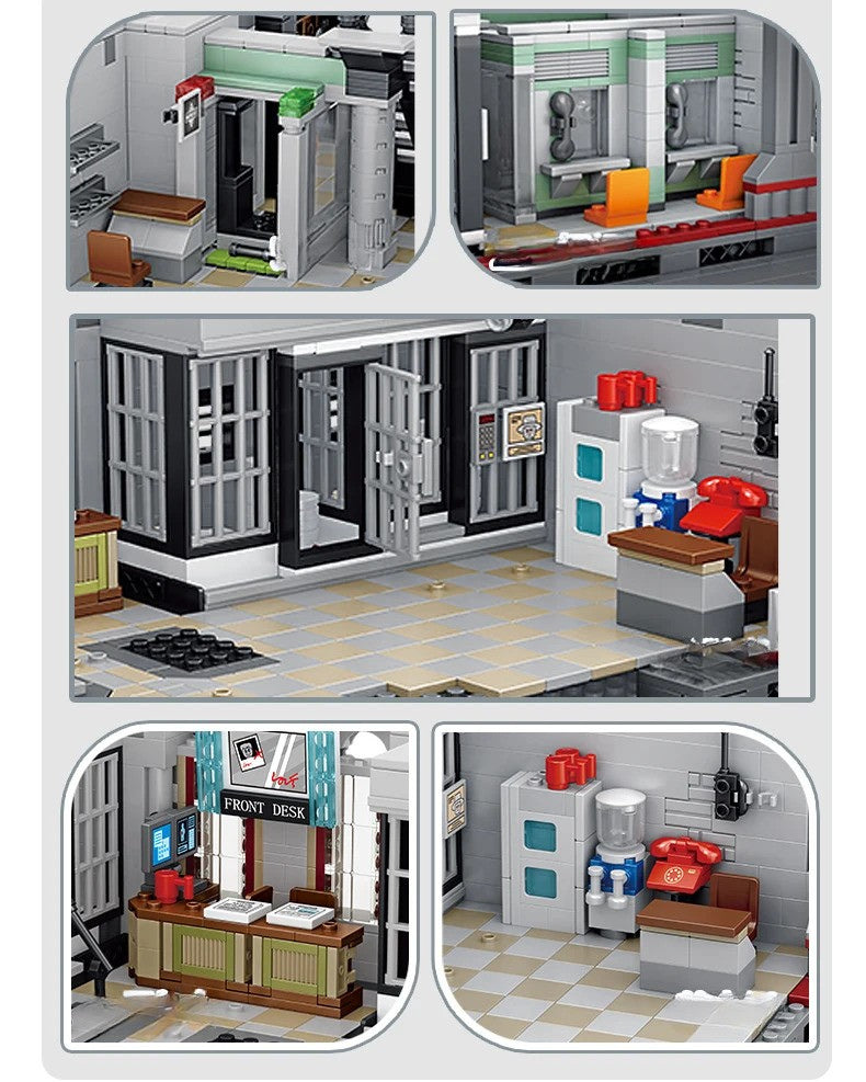 Interior rooms of spooky hospital set with jail visitor area and phones, working jail cells, front desk with computer and break room with water cooler.