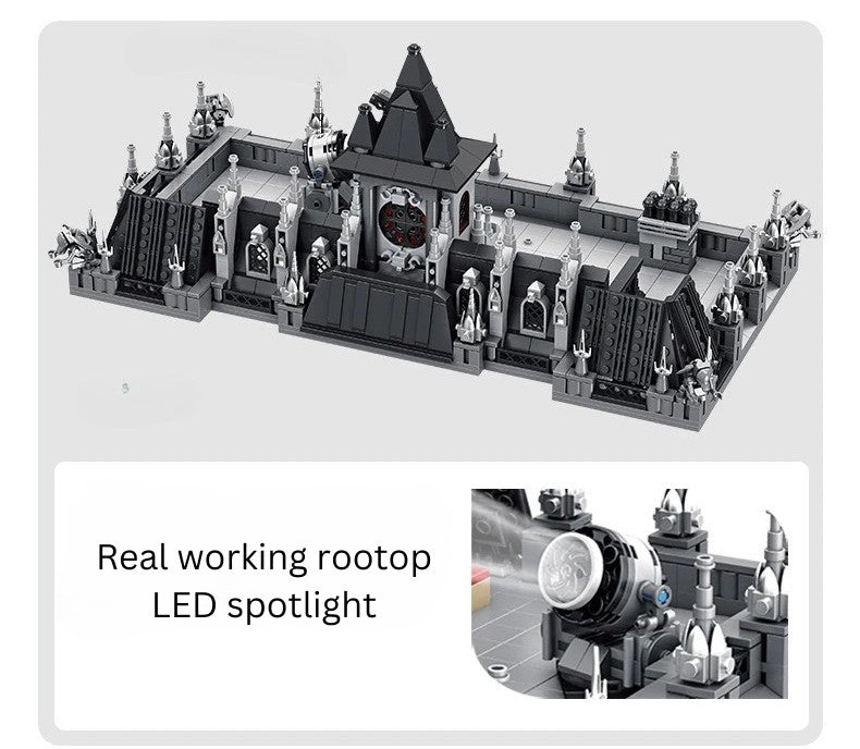 Gothic-style hospital with removable rooftop and rooftop spires, gables, and a central clock tower. Includes a working LED spotlight mounted on the roof.