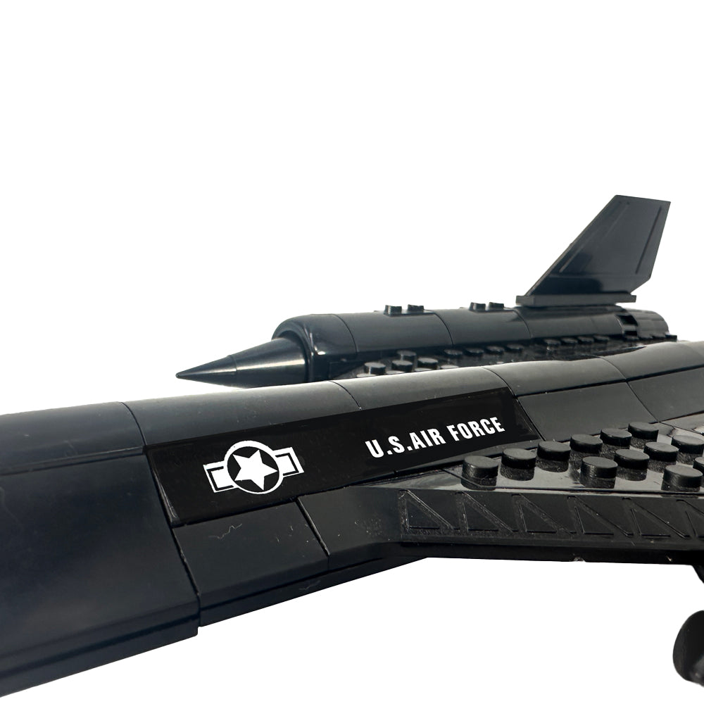 Close-up fuselage detail showing US Air Force emblem on SR-71 building block model