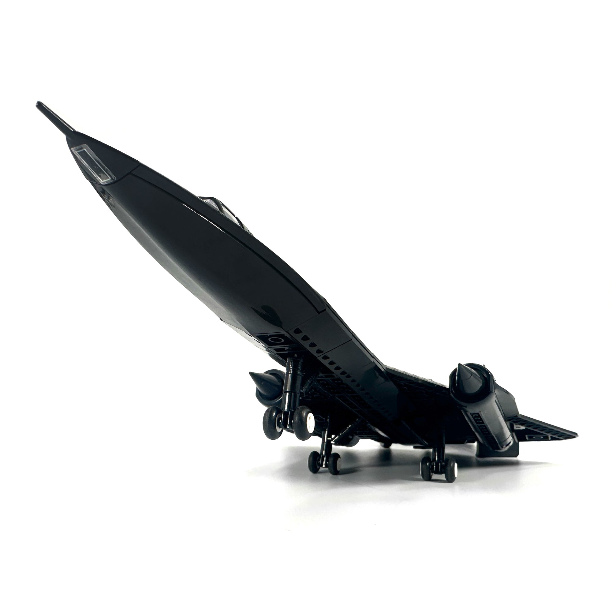 Dramatic underside view showing SR-71 Blackbird landing gear and aerodynamic structure