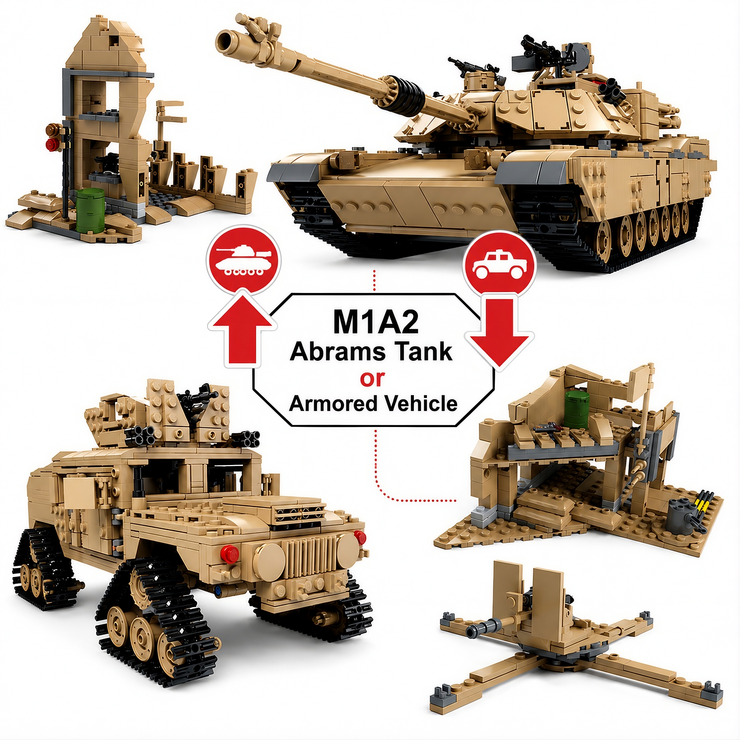 General Jim's military building kit with two model options: M1A2 Abrams Main Battle Tank or tracked Armored Vehicle.