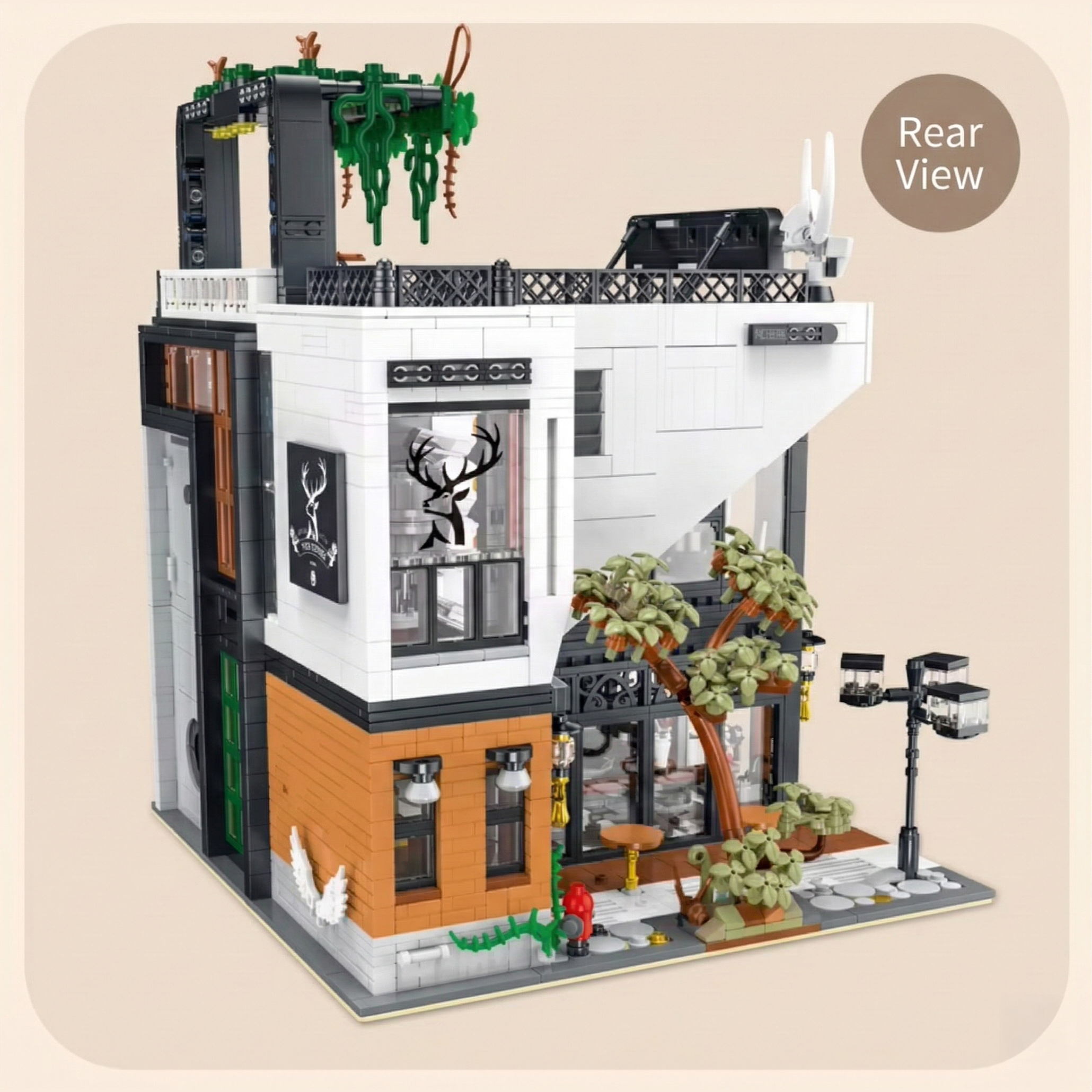 Rear exterior view of the Deers Bubble Tea Cafe building toy showing the orange brickwork, white balcony, and hanging green vines.