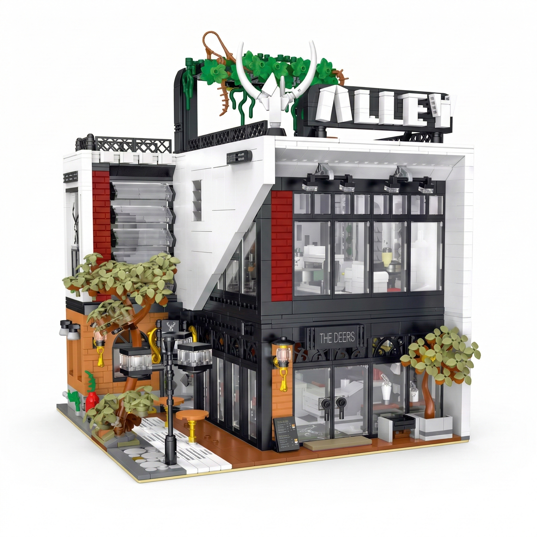 General Jim’s Deers Bubble Tea Café modular building set with 3,423 pieces, featuring a two-story glass facade, street-side trees, and rooftop terrace.