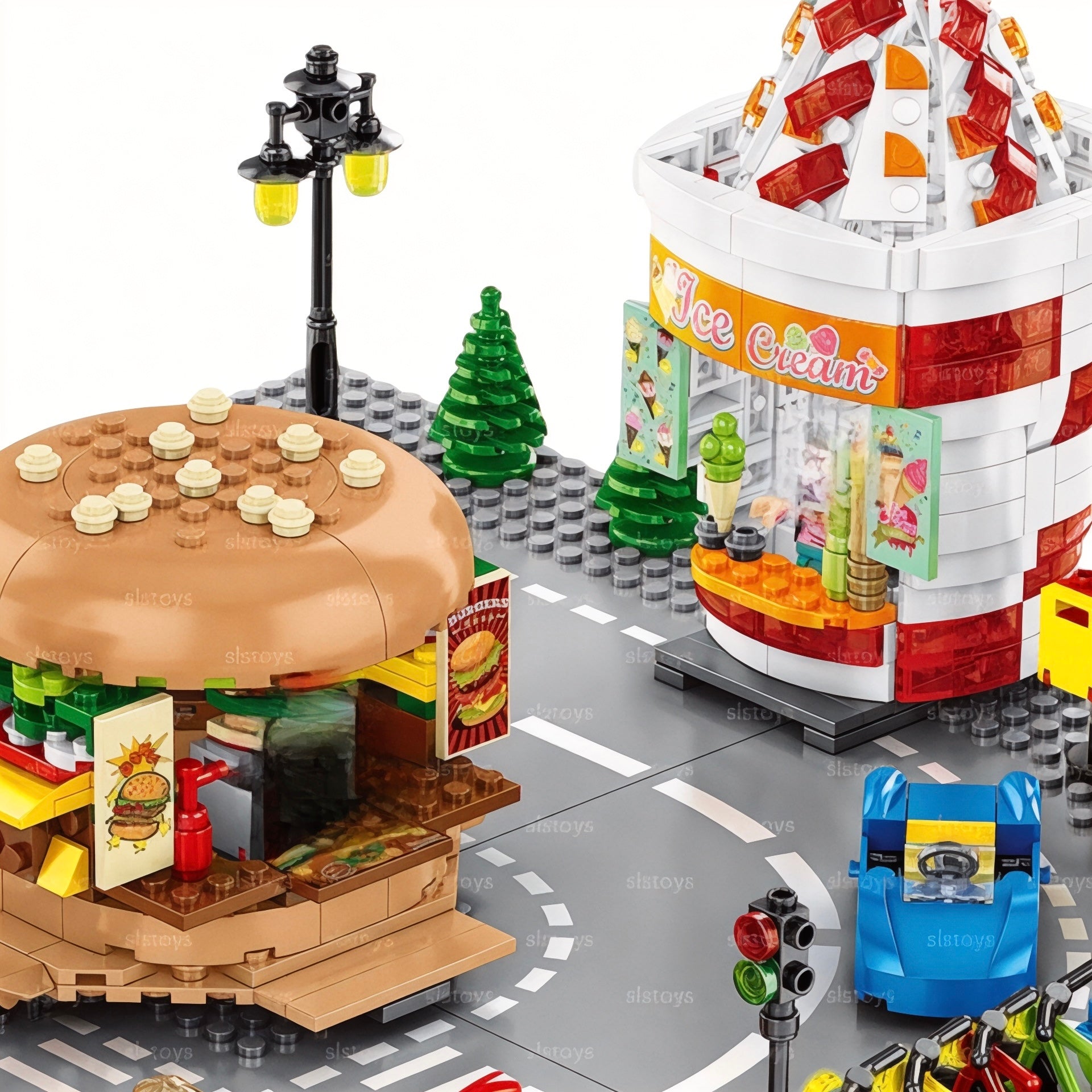 General Jims Hamburger Stand brick built burger shop on a city street layout with ice cream stand, trees, streetlights and cars