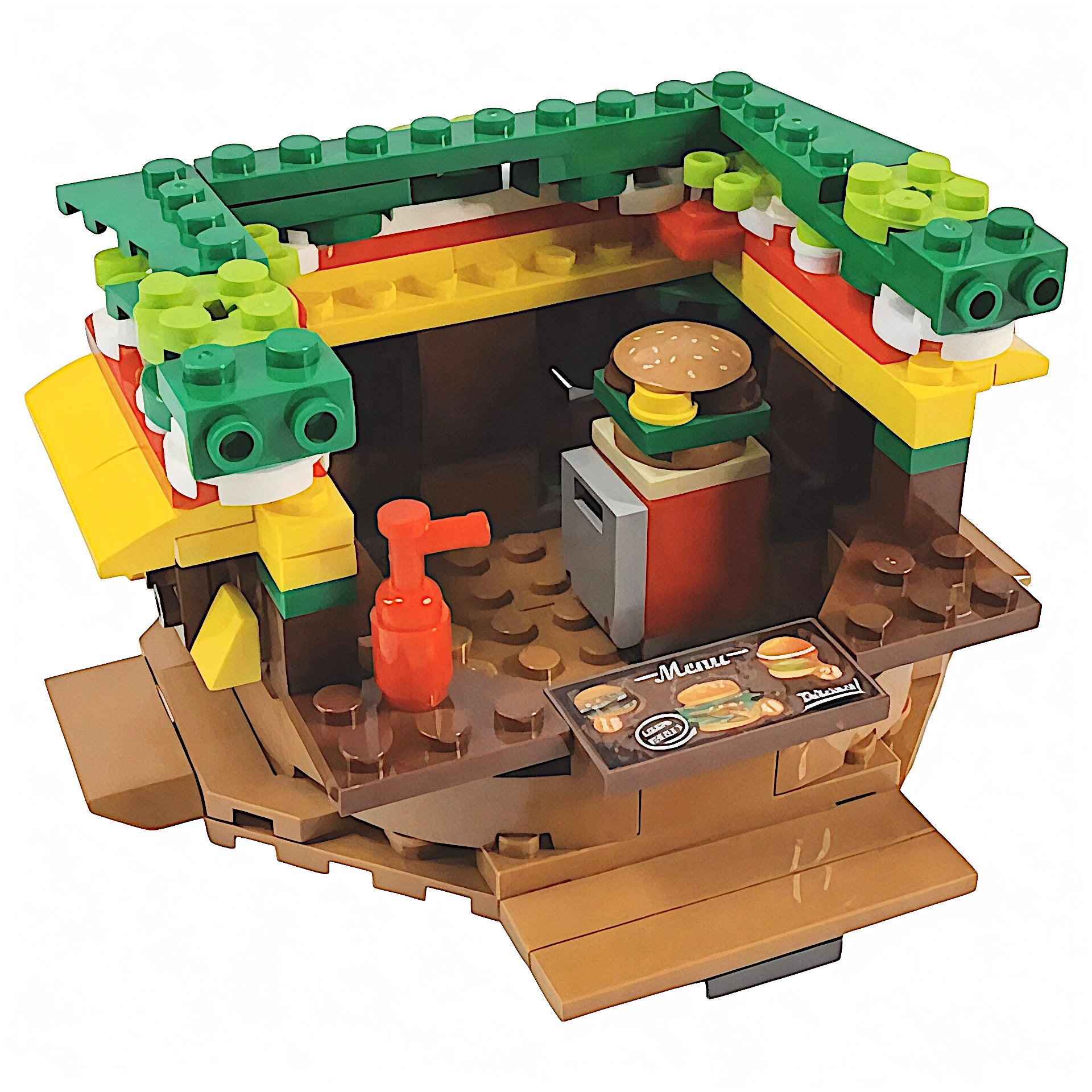 Interior view of General Jims Hamburger Stand Building Blocks Set with bun lifted off, counter, burger build, condiment pump and menu tile
