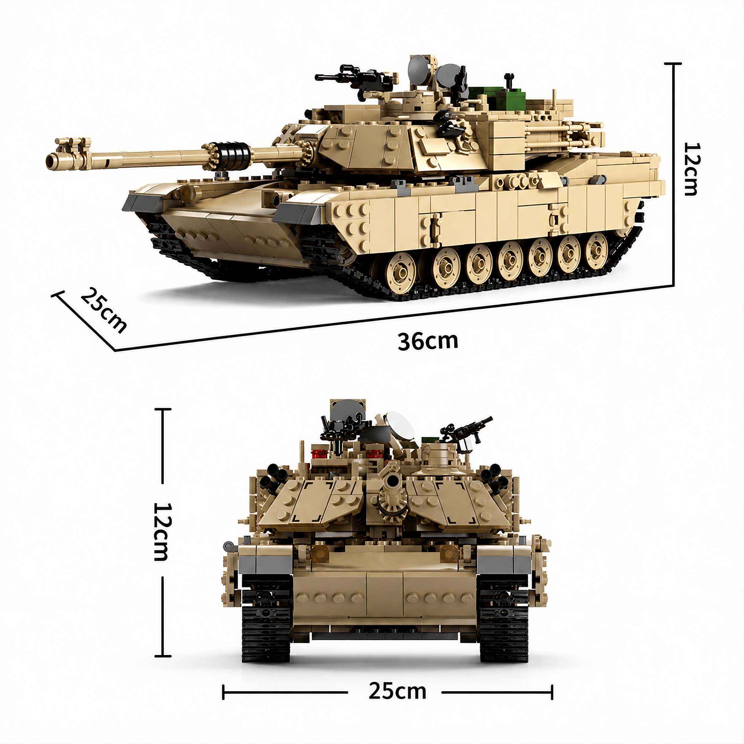 Size specifications for General Jim's 2-in-1 set: 36cm Abrams Tank and 25cm tracked Military Humvee.