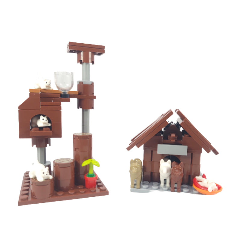 Pets Double Playset Cats with A Climbing Tower and Dogs with A Dog House Building Block Brick Playset |General Jim's Toys | Compatible with Lego, Cobi