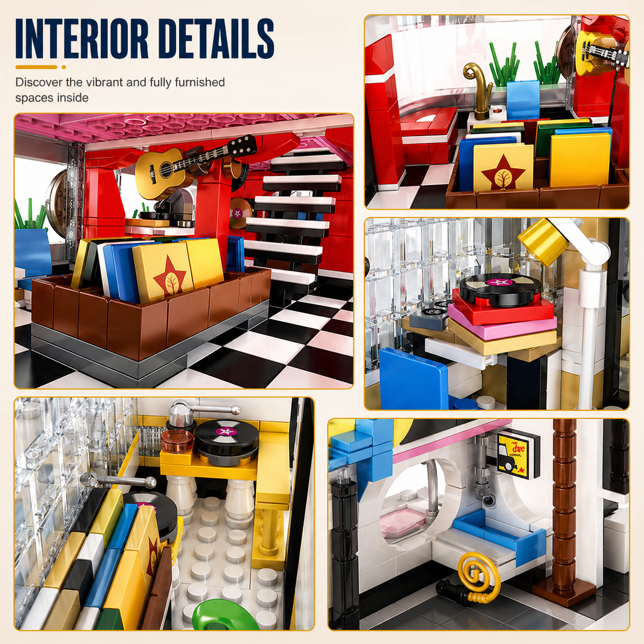 Fully furnished interior with record store accessories and instruments, all compatible with LEGO sets.