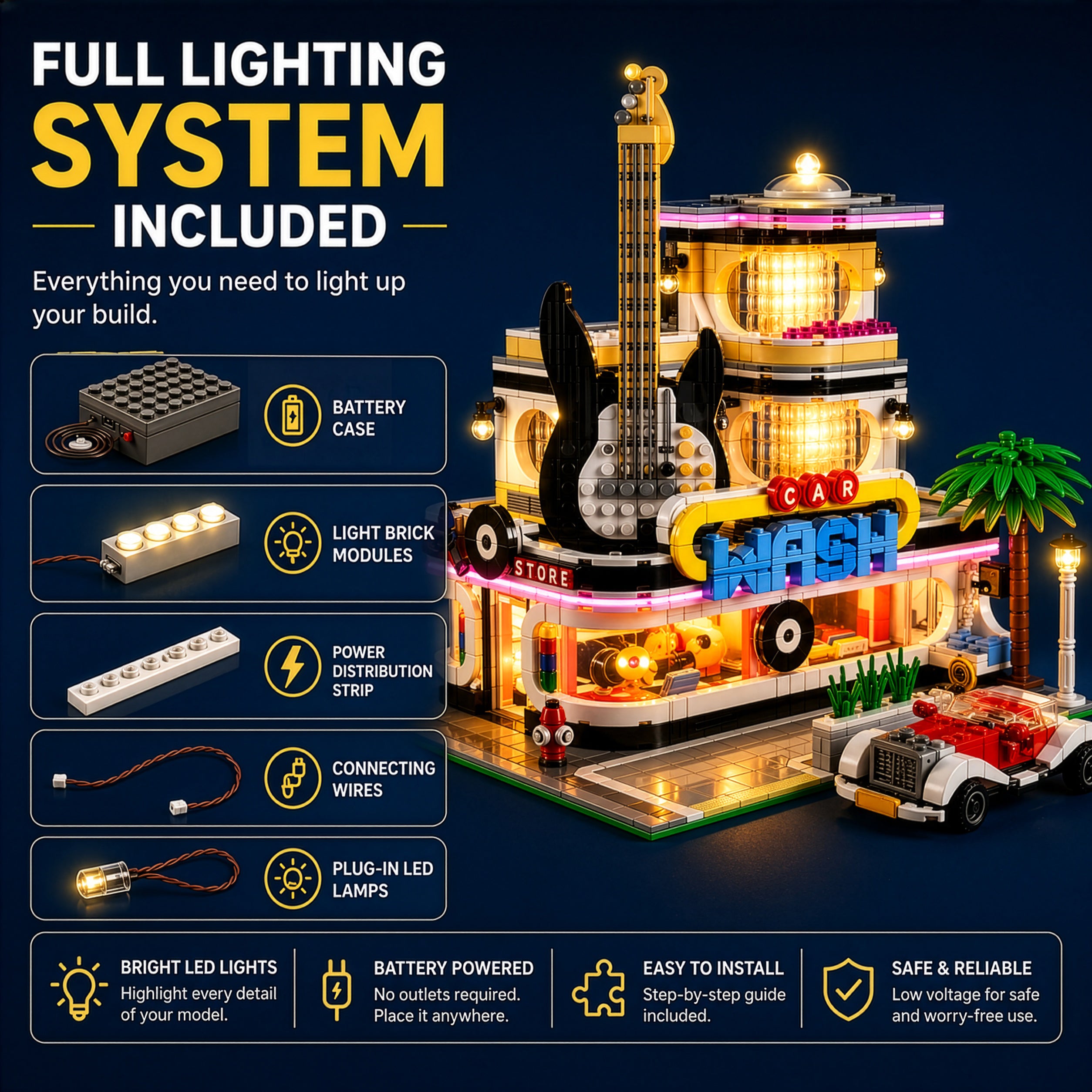 Detail of the included LED lighting system for the modular building set, compatible with LEGO bricks and city displays.