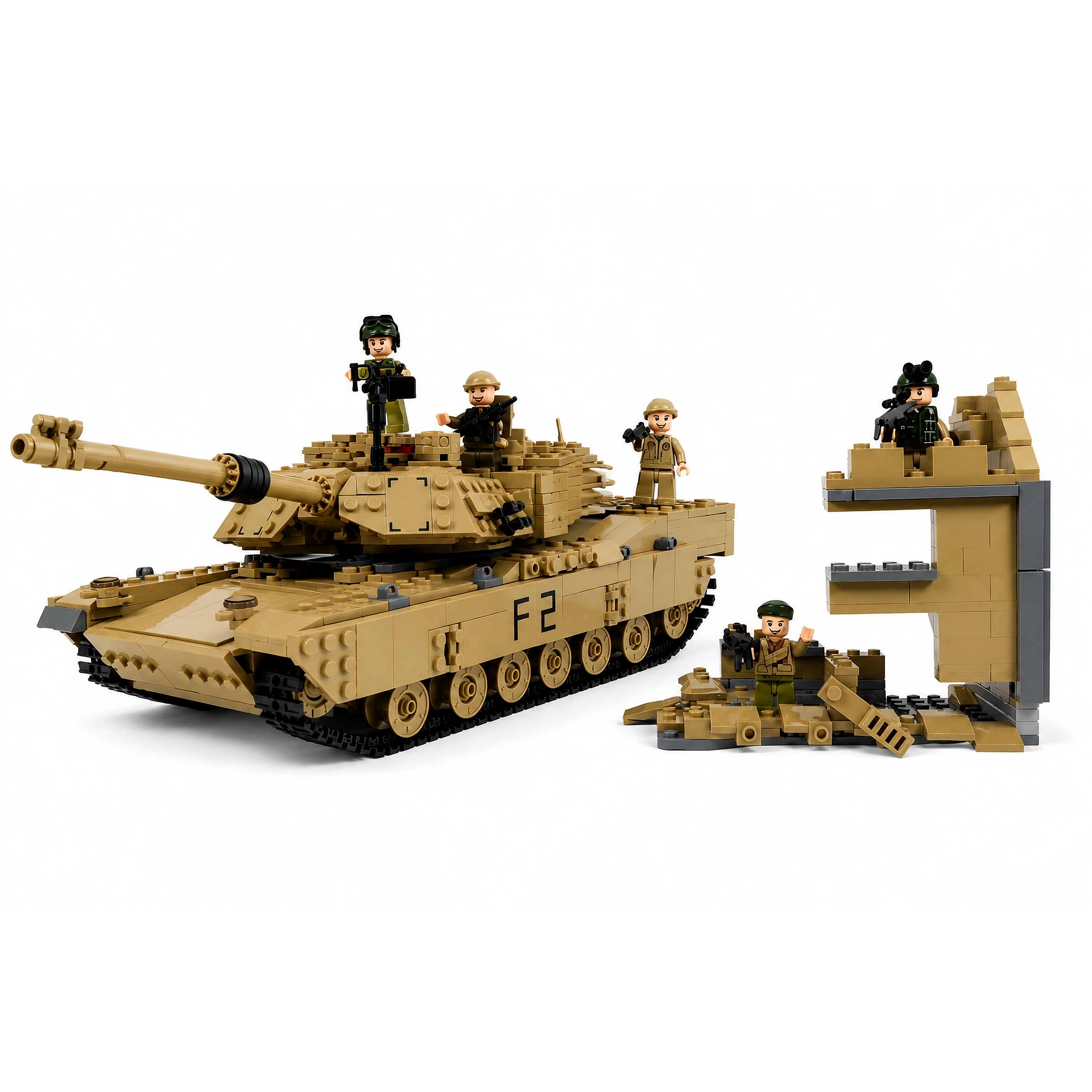 M1A2 Abrams building block tank set including 5 tactical soldier minifigures and desert outpost accessories.