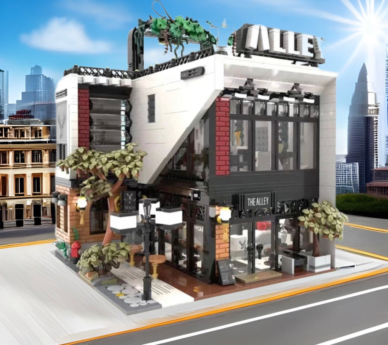 Realistic street scene of the Deers Bubble Tea Cafe modular building set integrated into a city skyline background with LED lights on.