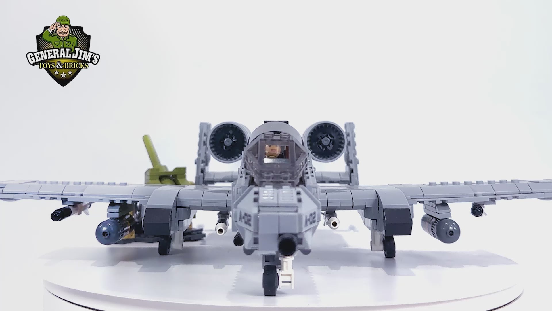 Front-facing shot of General Jim’s A-10 Thunderbolt II model captured mid-rotation in product video. 