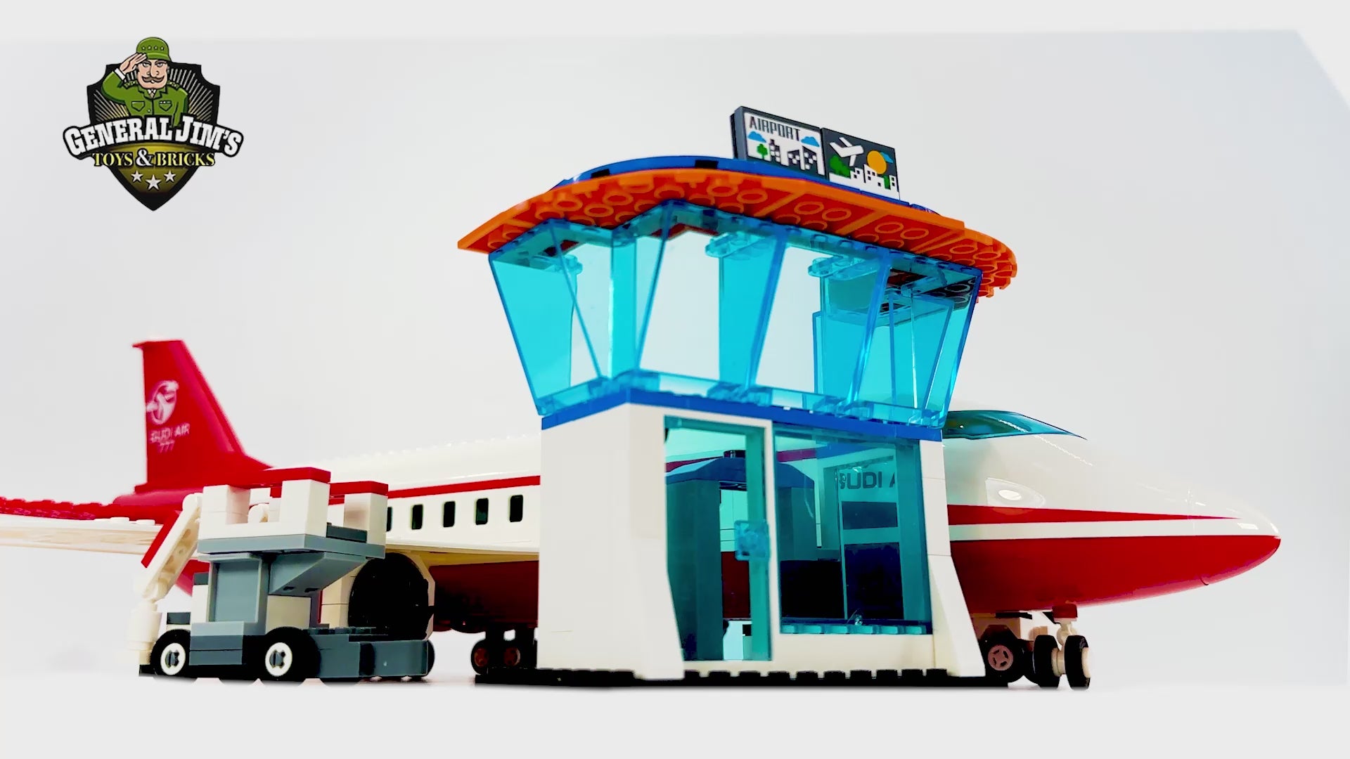 360 degree rotation view of White and Red Passenger Jet building block set with airport vehicles, terminal, and runway accessories