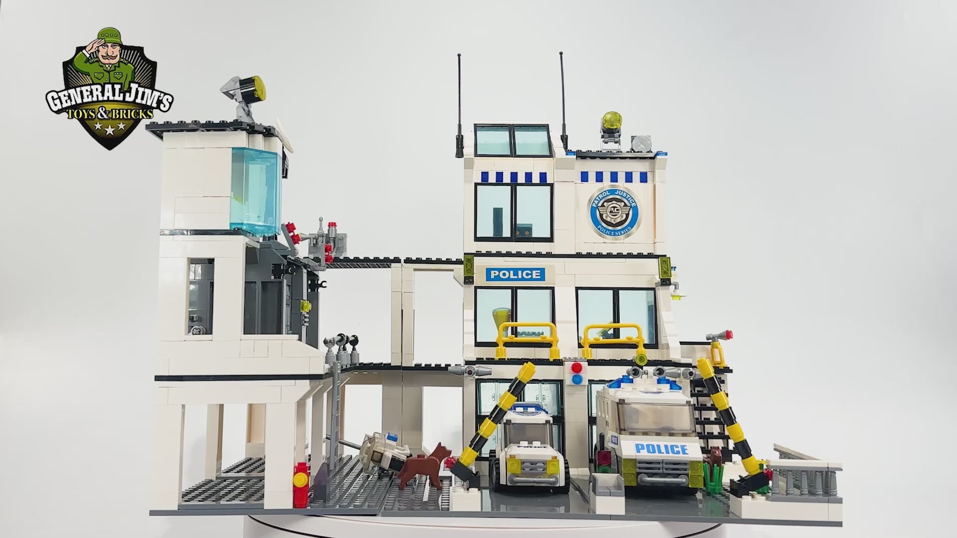 360 degree rotation view of Police Station and Jail modular city building block set with vehicles, rooftop, and interior features