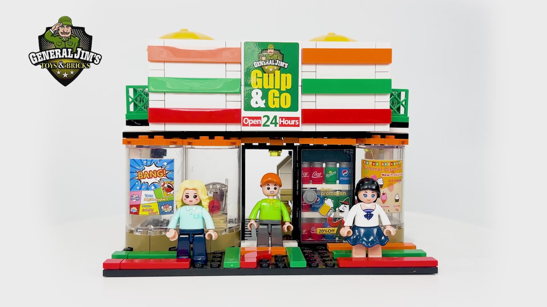 360 degree rotation view of Gulp & Go urban city corner store building model with rooftop patio and figures