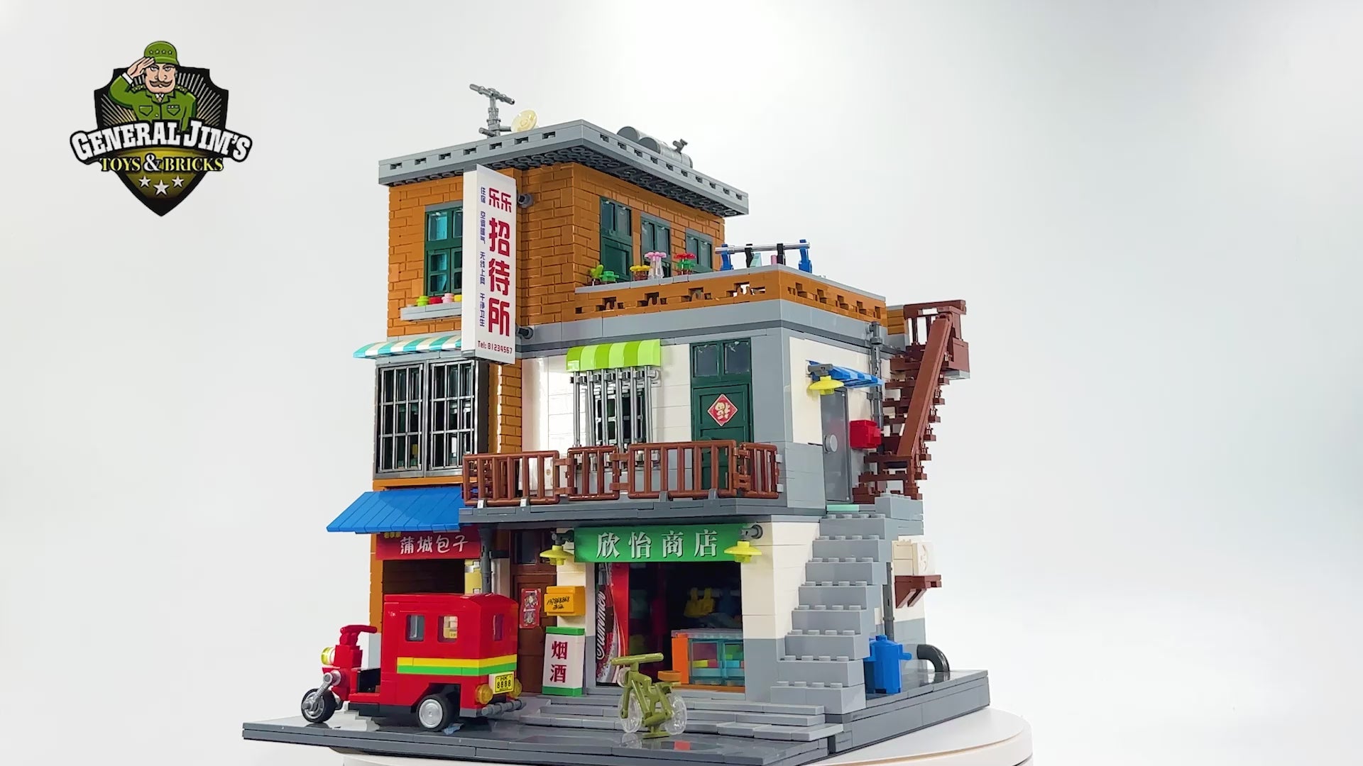 360 degree rotation of Chinese Urban Village City Series building block set with detailed street shops, apartments, and rooftop garden