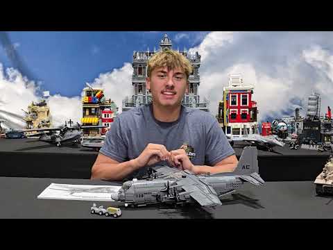 Video showing a General Jim's AC-130 Hercules Air Gunship Plane Building Blocks Set on display.