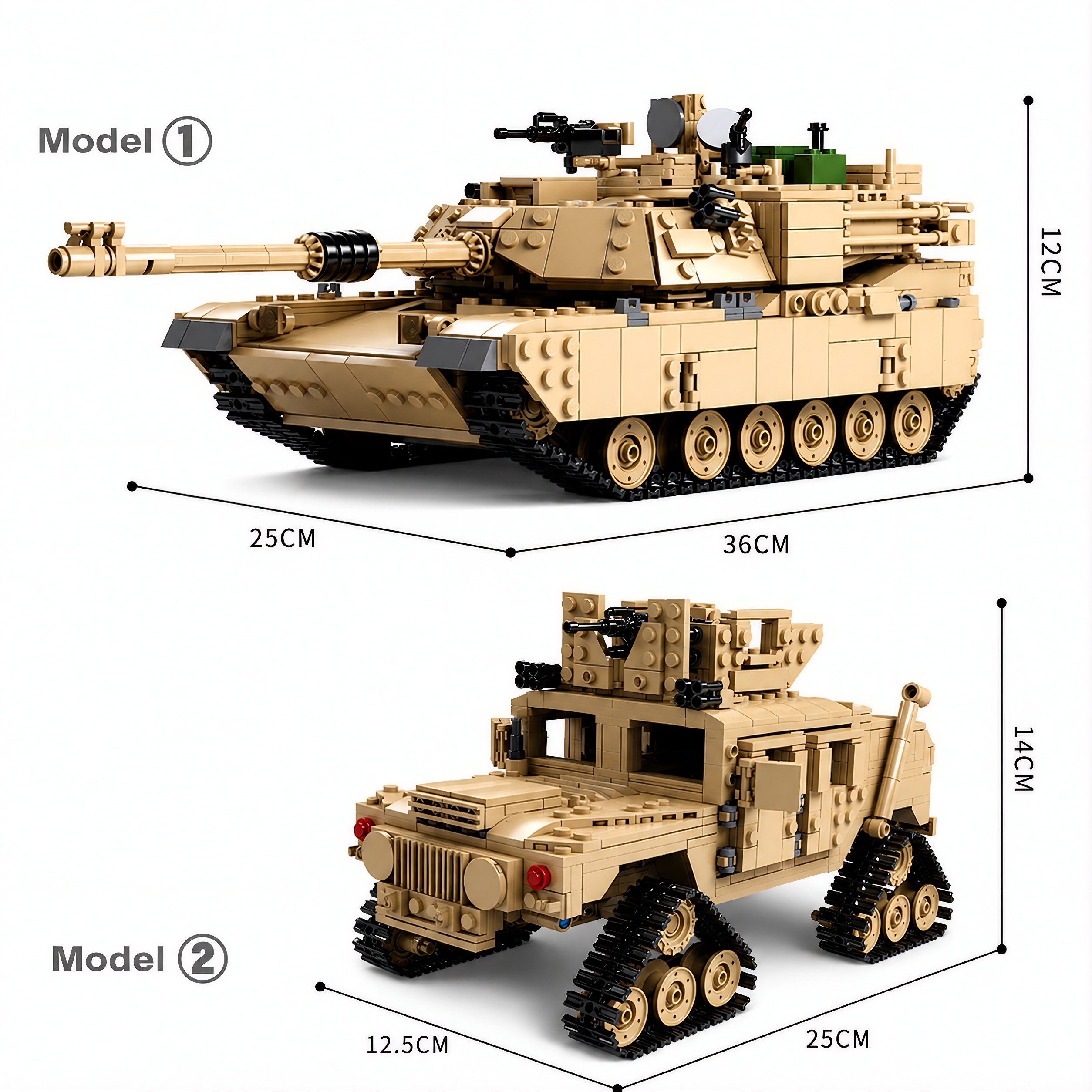 Front and side profile dimensions for the M1A2 Abrams building block model kit.