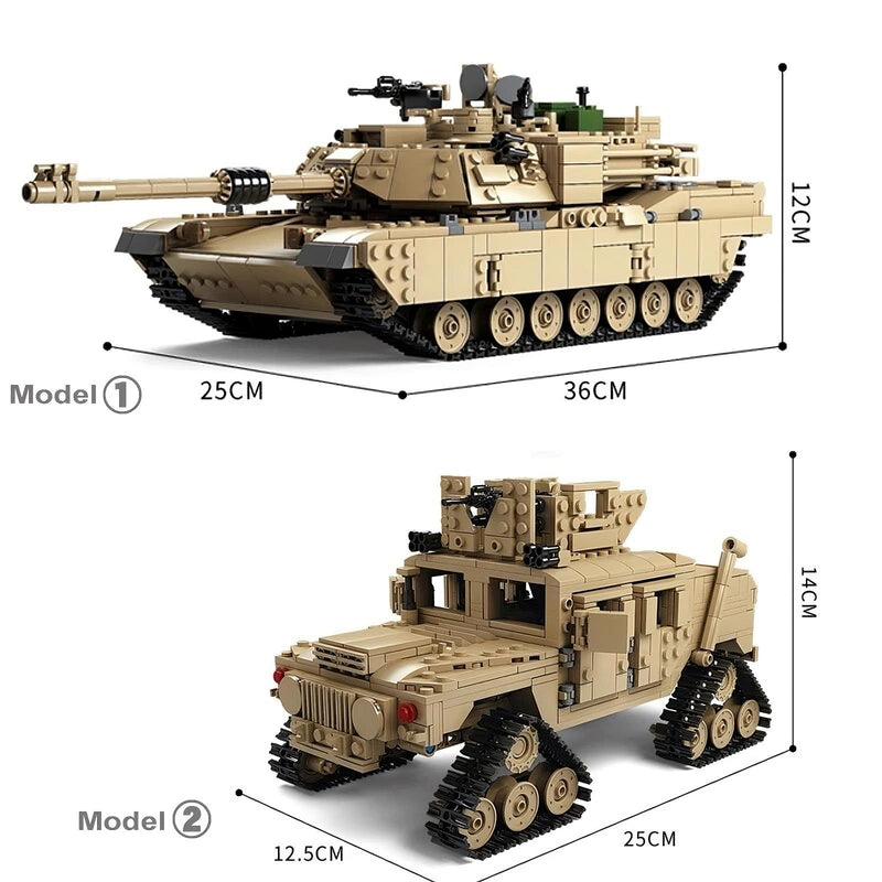 Size guide: Abrams tank (36×25×12 cm) and armored vehicle
(25×12.5×14 cm) built from interlocking bricks.