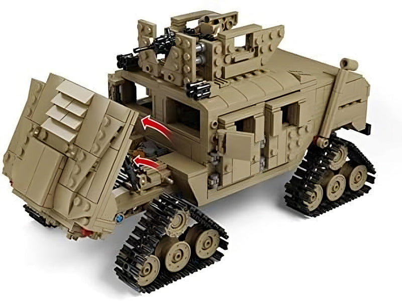 Rear view of the armored vehicle showing an openable hatch and
interior seating built from blocks.