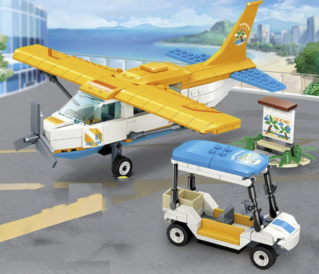 Yellow Sightseeing Airplane and Cart Building Blocks Set |General Jim's Toys & Bricks | GJ-YSA