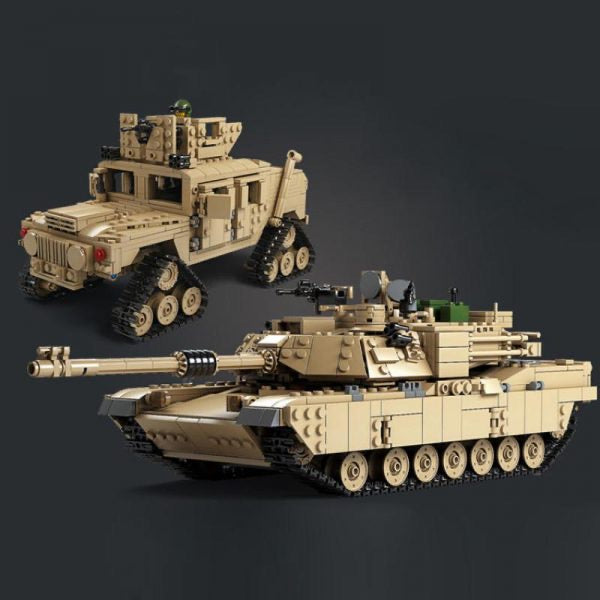 Tan armored vehicle and tank built from interlocking blocks displayed side by side. 