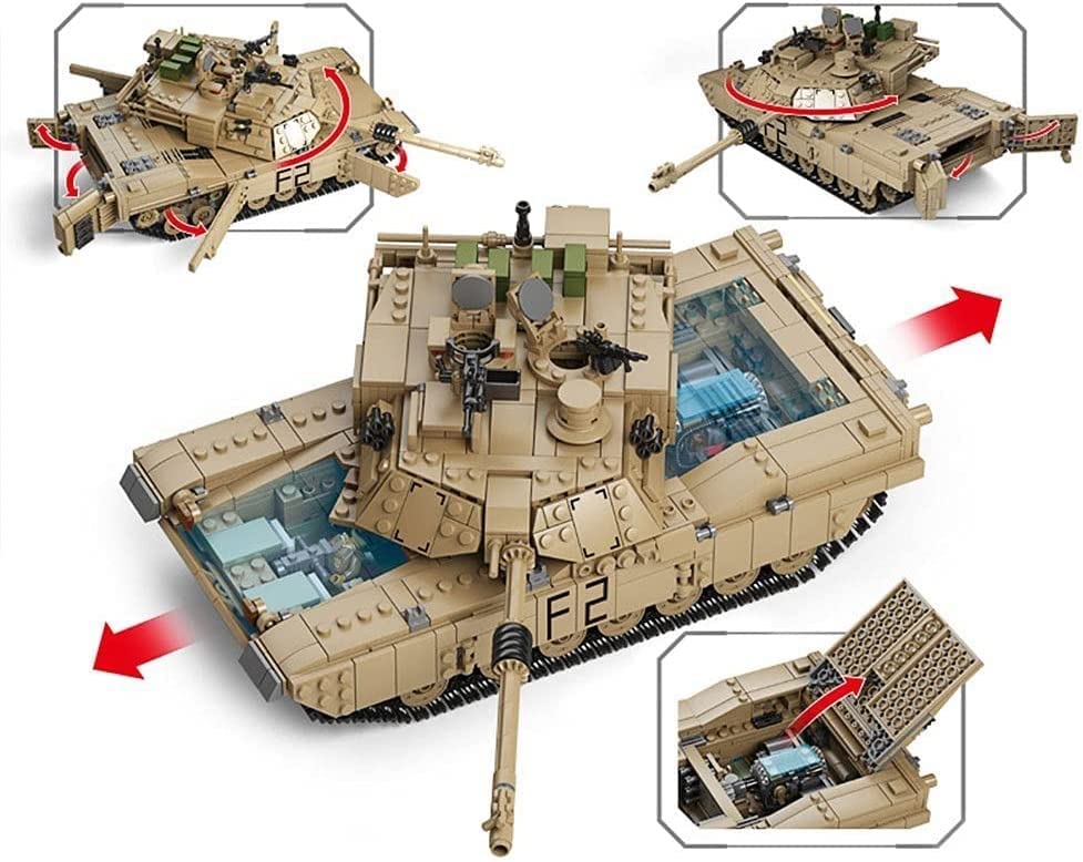 Close up of tank building block set showing moveable parts including gun turret. 