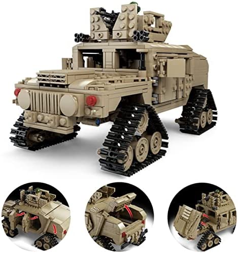 Interlocking brick armored vehicle with opening panels, rear hatch, and rooftop turret. 