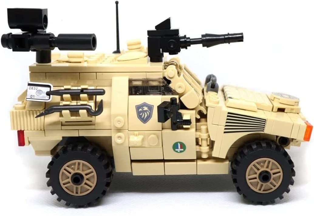 Side view of French VBL military 4x4 recon vehicle model in tan bricks – modern armored scout car building set for adults and teens