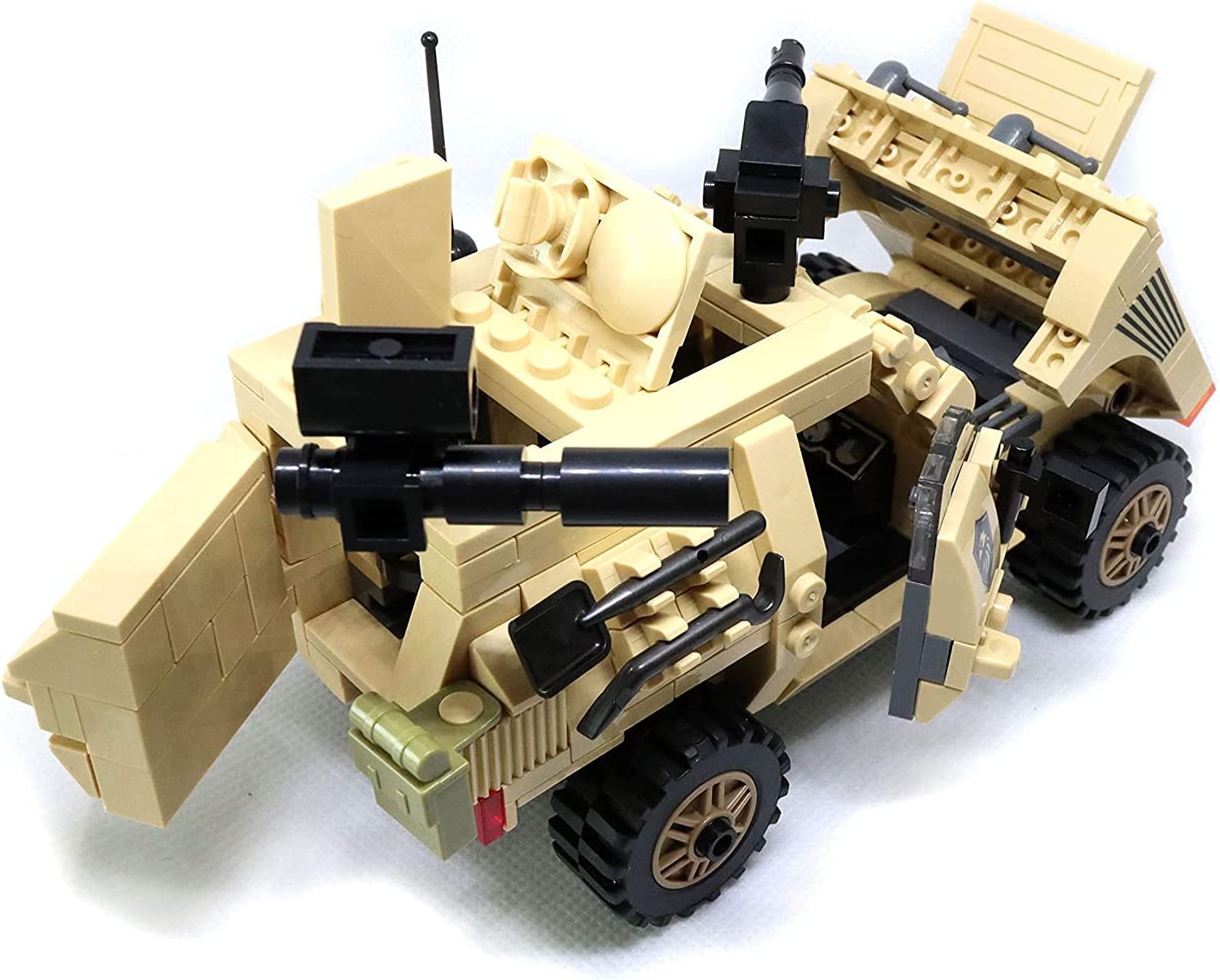 Fully detailed brick model of French VBL recon vehicle with open hood and doors – compatible military building set for collectors and hobbyists